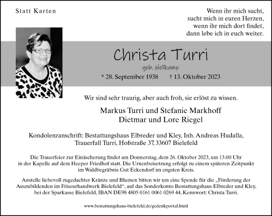 Traueranzeige von Christa Turri von Neue Westfälische