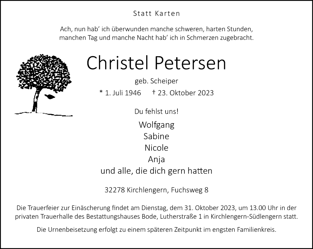  Traueranzeige für Christel Petersen vom 25.10.2023 aus Neue Westfälische