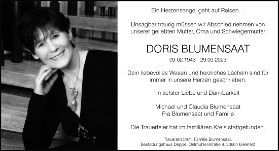 Traueranzeige von Doris Blumensaat von Neue Westfälische