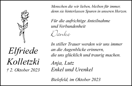 Traueranzeige von Elfriede Kolletzki von Neue Westfälische