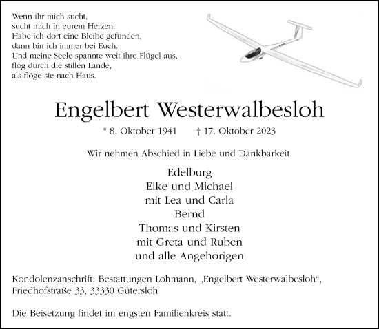 Traueranzeige von Engelbert Westerwalbesloh von Neue Westfälische