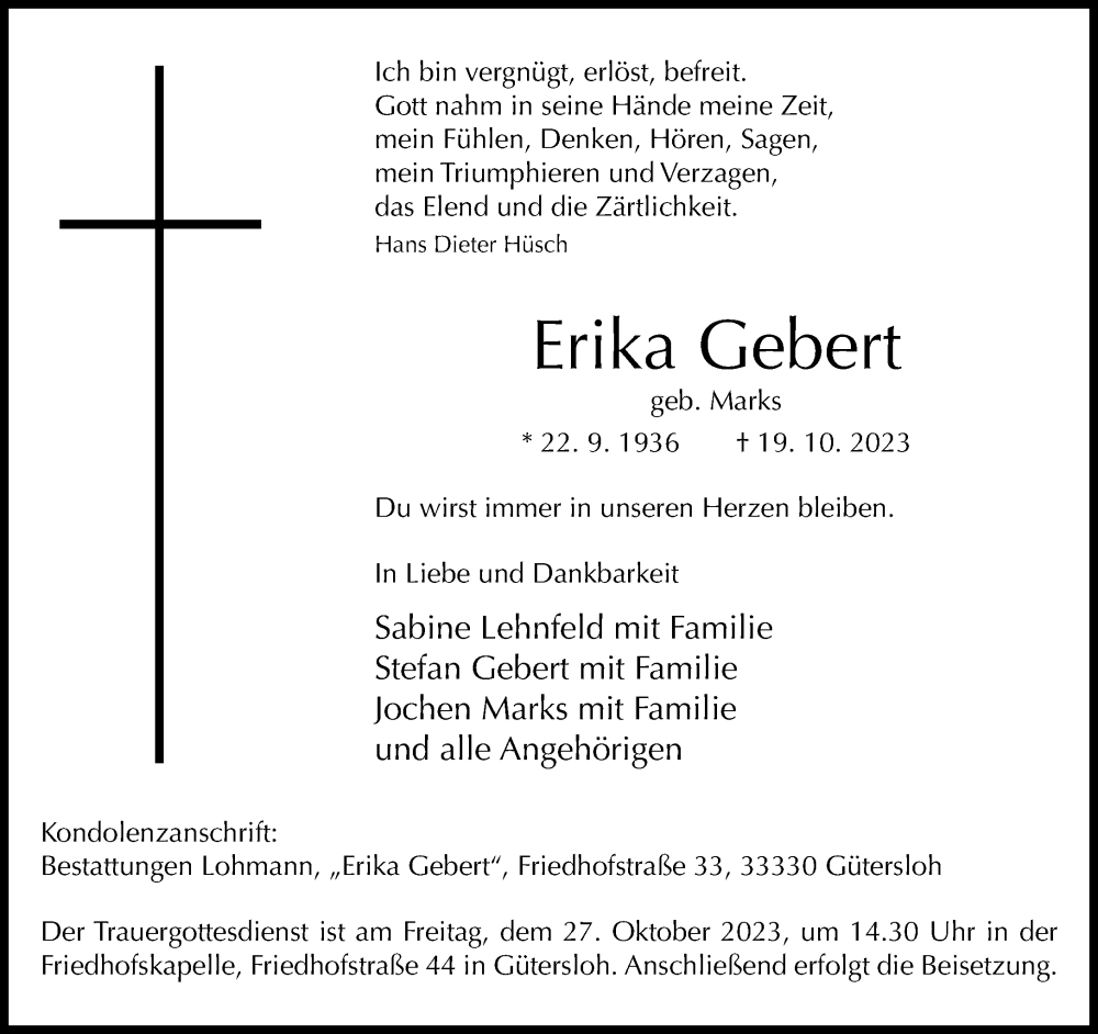  Traueranzeige für Erika Gebert vom 24.10.2023 aus Neue Westfälische