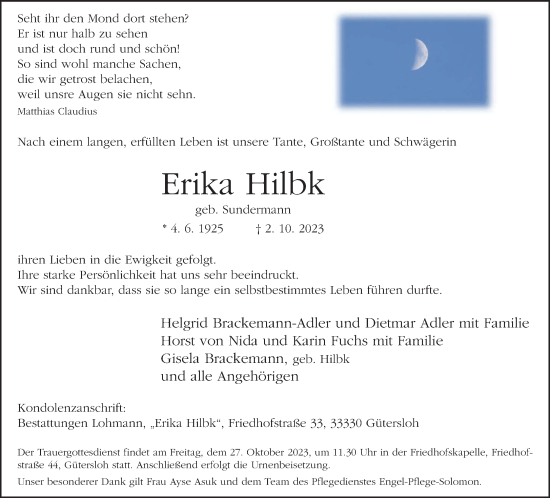 Traueranzeige von Erika Hilbk von Neue Westfälische