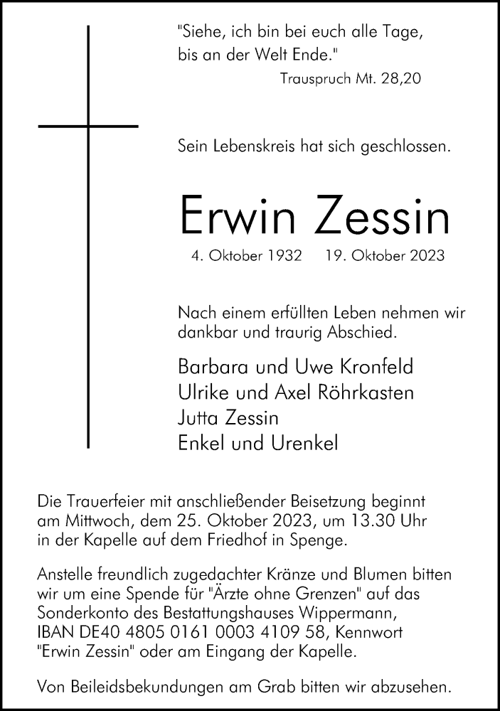  Traueranzeige für Erwin Zessin vom 24.10.2023 aus Neue Westfälische