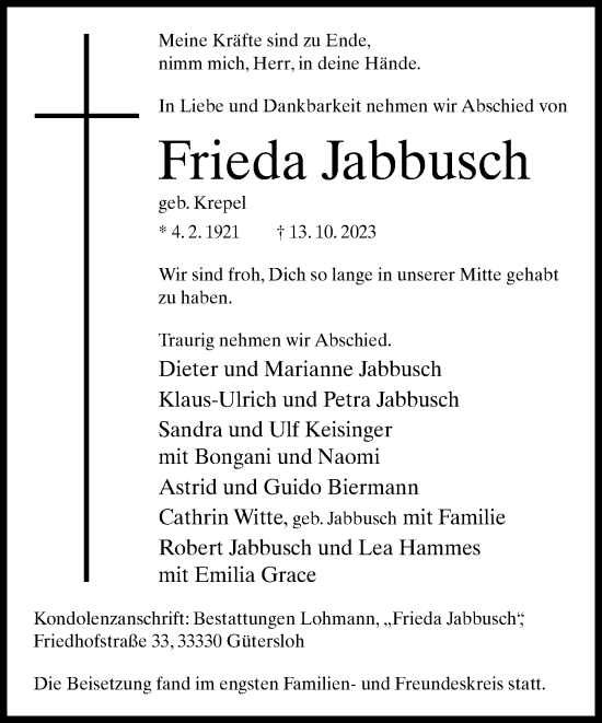 Traueranzeige von Frieda Jabbusch von Neue Westfälische