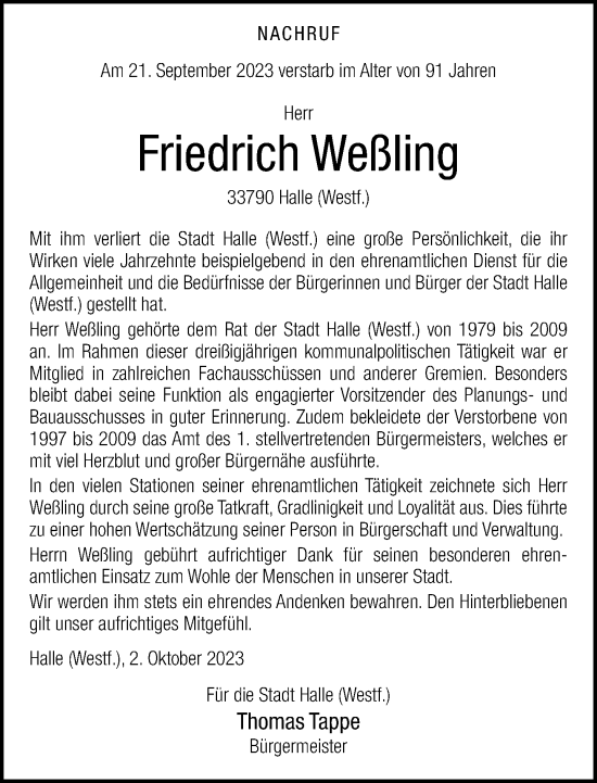 Traueranzeige von Friedrich Weßling von Neue Westfälische