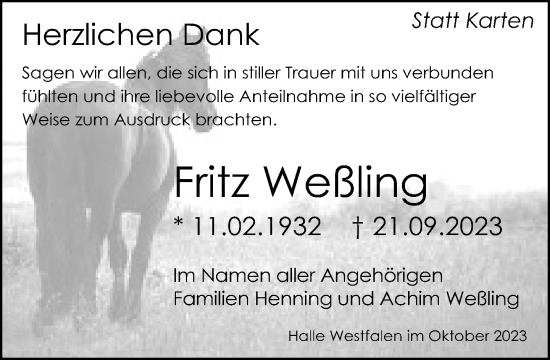 Traueranzeige von Fritz Weßling von Neue Westfälische