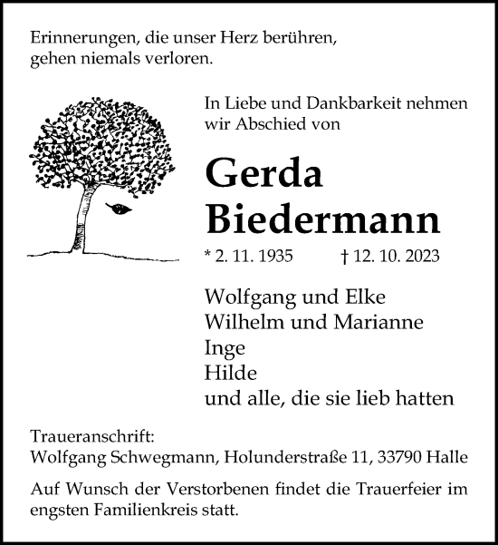 Traueranzeige von Gerda Biedermann von Neue Westfälische