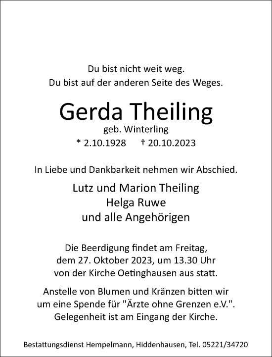 Traueranzeige von Gerda Theiling von Neue Westfälische