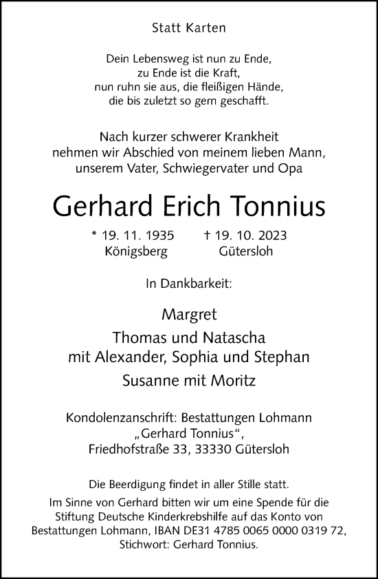 Traueranzeige von Gerhard Erich Tonnius von Neue Westfälische
