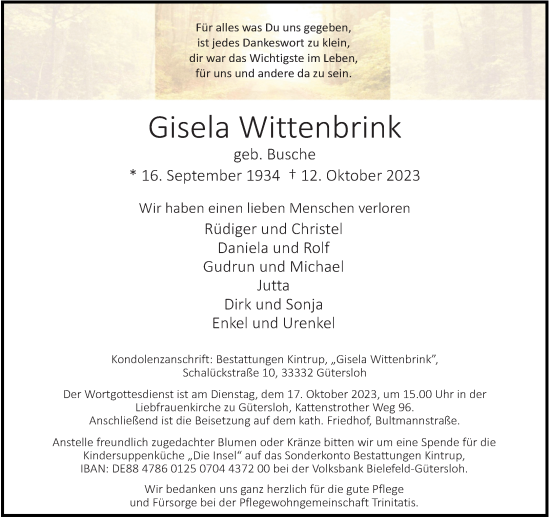 Traueranzeige von Gisela Wittenbrink von Neue Westfälische