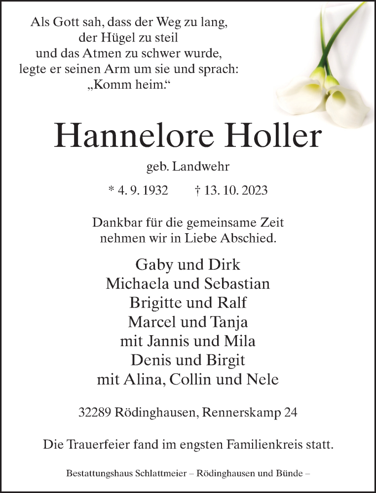  Traueranzeige für Hannelore Holler vom 28.10.2023 aus Neue Westfälische