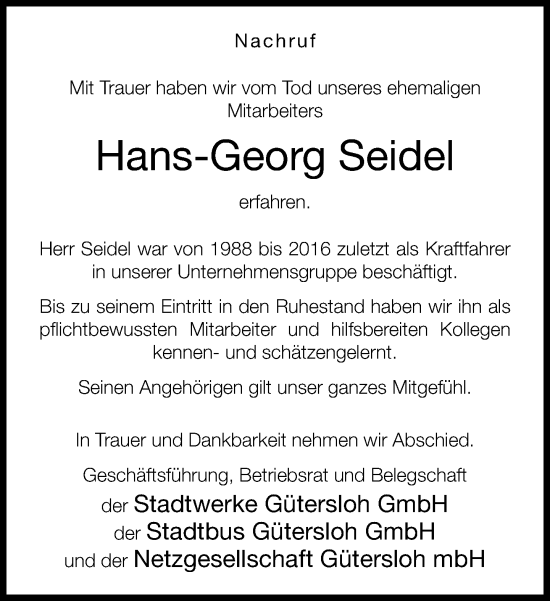 Traueranzeige von Hans-Georg Seidel von Neue Westfälische