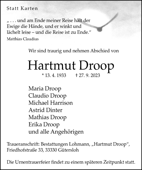 Traueranzeige von Hartmut Droop von Neue Westfälische