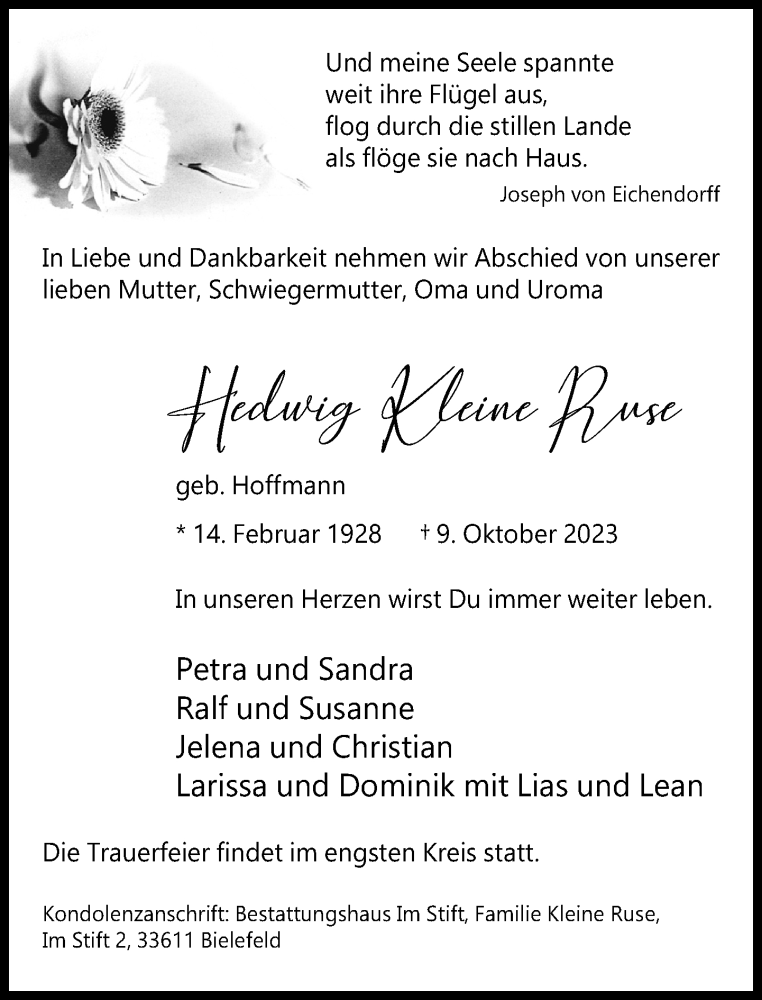  Traueranzeige für Hedwig Kleine Ruse vom 14.10.2023 aus Neue Westfälische