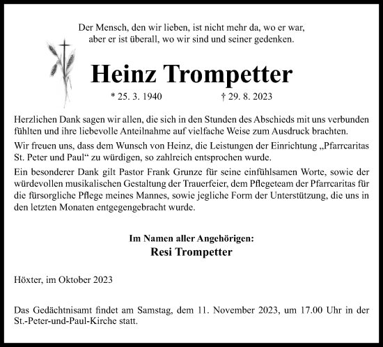 Traueranzeige von Heinz Trompetter von Neue Westfälische