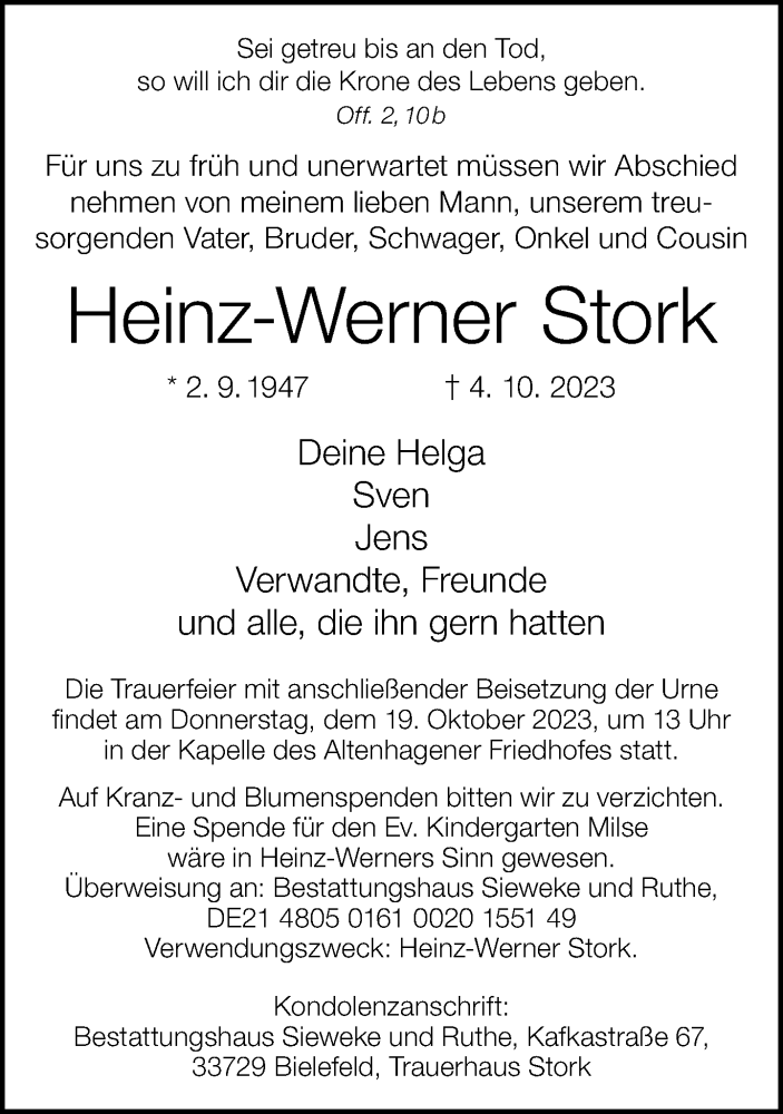  Traueranzeige für Heinz-Werner Stork vom 14.10.2023 aus Neue Westfälische