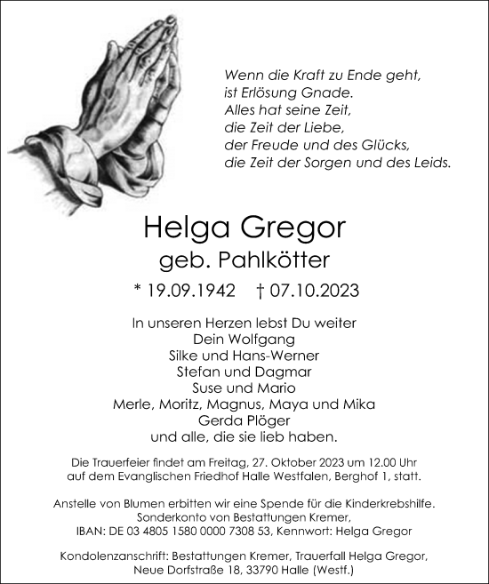 Traueranzeige von Helga Gregor von Neue Westfälische