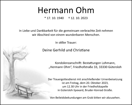 Traueranzeige von Hermann Ohm von Neue Westfälische