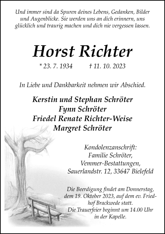 Traueranzeige von Horst Richter von Neue Westfälische
