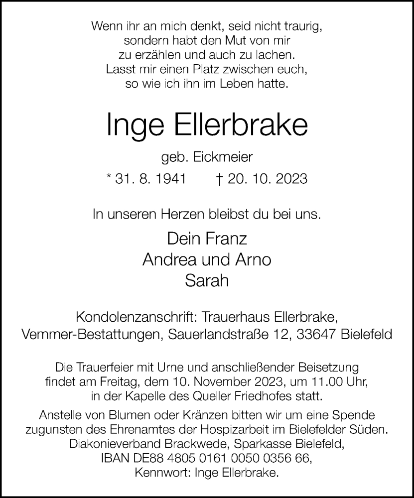  Traueranzeige für Inge Ellerbrake vom 28.10.2023 aus Neue Westfälische
