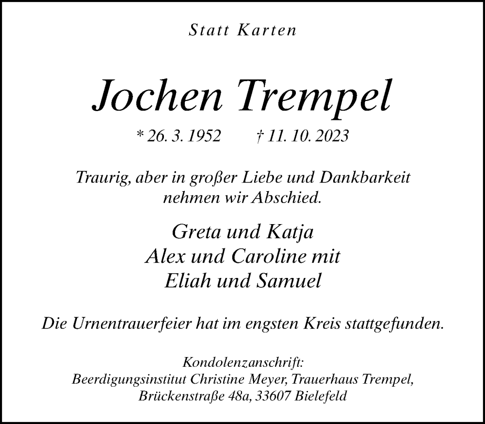  Traueranzeige für Jochen Trempel vom 28.10.2023 aus Neue Westfälische