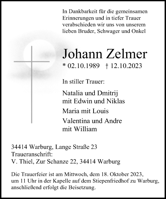 Traueranzeige von Johann Zelmer von Neue Westfälische