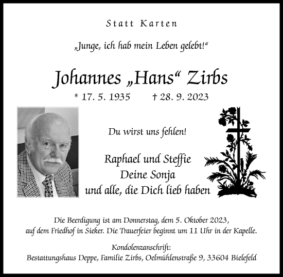 Traueranzeige von Johannes Zirbs von Neue Westfälische