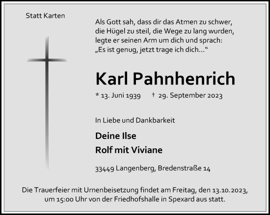 Traueranzeige von Karl Pahnhenrich von Neue Westfälische