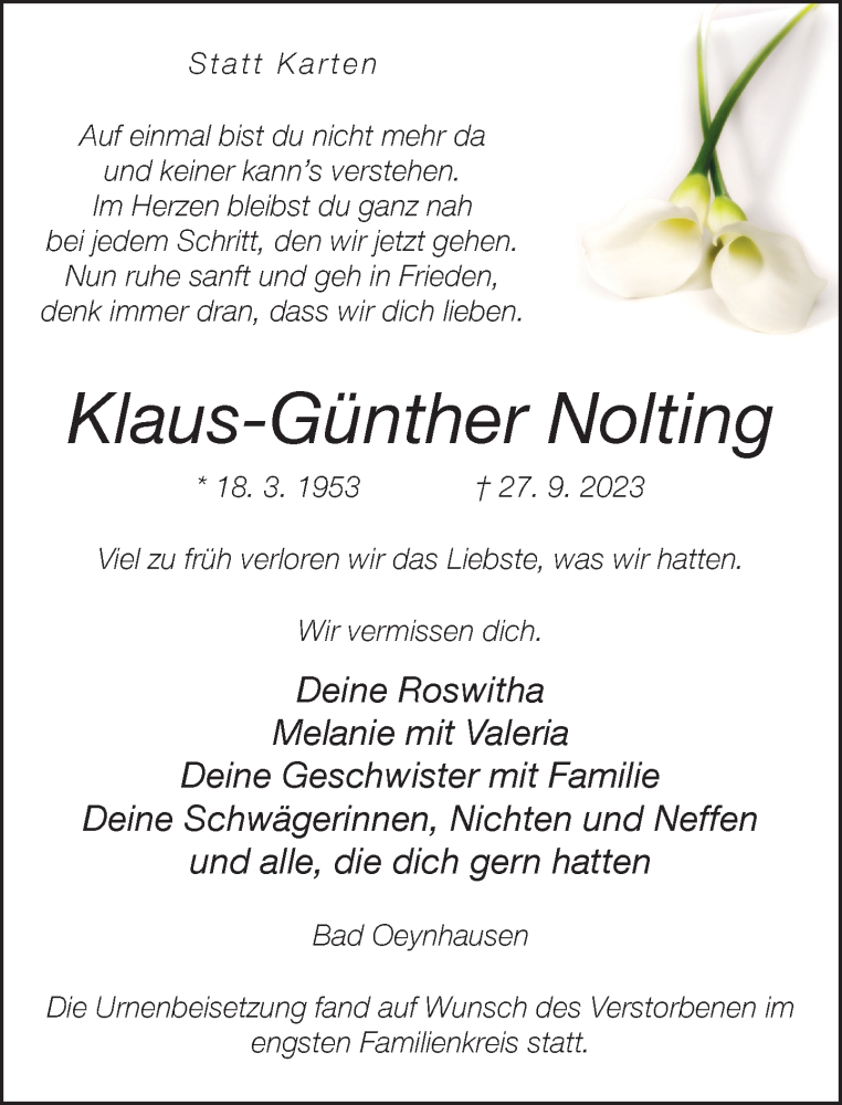  Traueranzeige für Klaus-Günther Nolting vom 21.10.2023 aus Neue Westfälische
