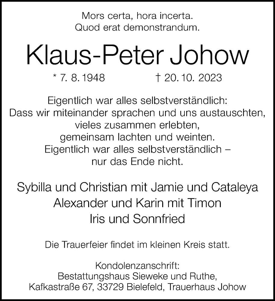  Traueranzeige für Klaus-Peter Johow vom 28.10.2023 aus Neue Westfälische