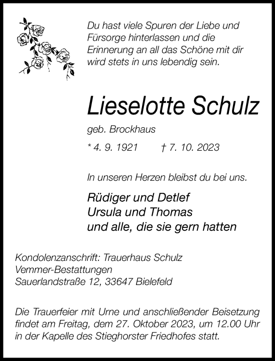 Traueranzeige von Lieselotte Schulz von Neue Westfälische
