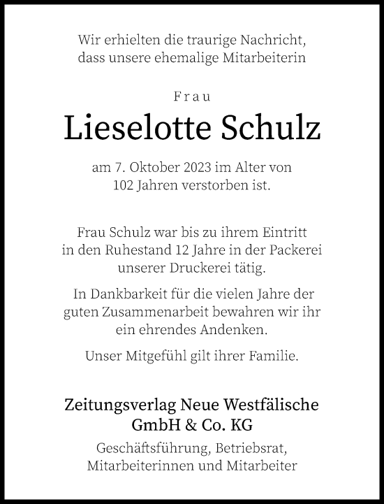 Traueranzeige von Lieselotte Schulz von Neue Westfälische