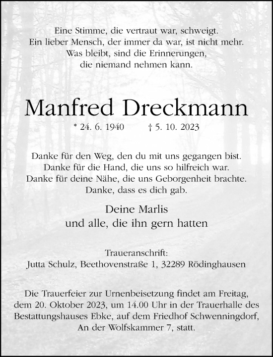 Traueranzeige von Manfred Dreckmann von Neue Westfälische