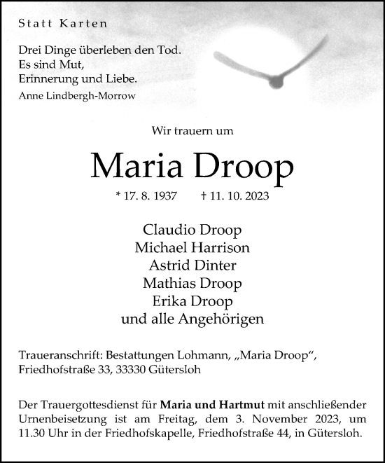 Traueranzeige von Maria Droop von Neue Westfälische