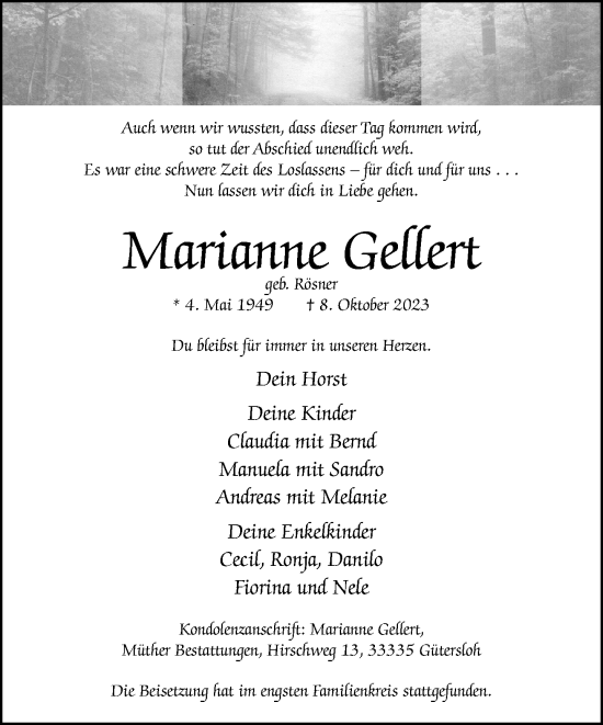 Traueranzeige von Marianne Gellert von Neue Westfälische