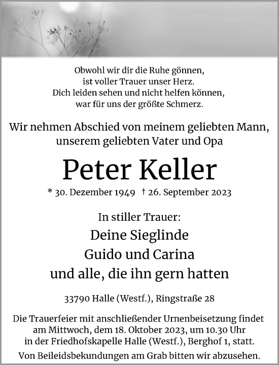 Traueranzeige von Peter Keller von Neue Westfälische