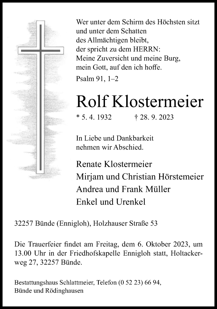  Traueranzeige für Rolf Klostermeier vom 03.10.2023 aus Neue Westfälische