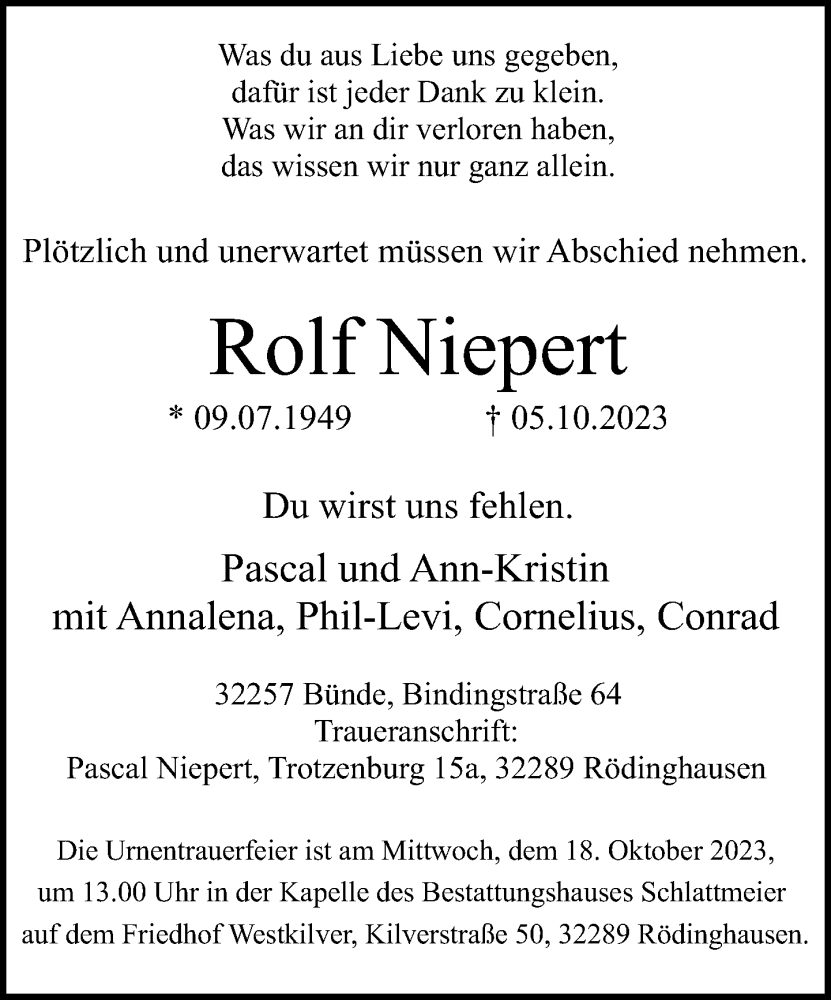  Traueranzeige für Rolf Niepert vom 14.10.2023 aus Neue Westfälische