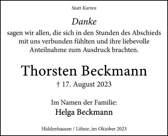 Traueranzeige von Thorsten Beckmann von Neue Westfälische