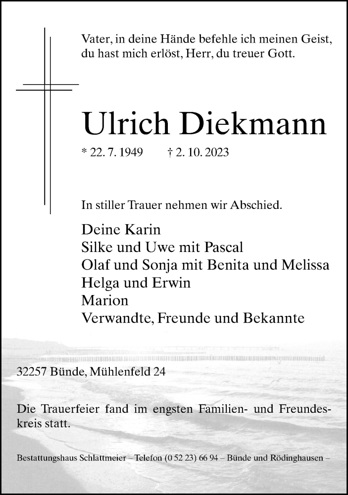  Traueranzeige für Ulrich Diekmann vom 14.10.2023 aus Neue Westfälische