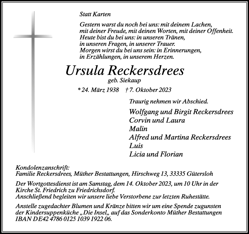  Traueranzeige für Ursula Reckersdrees vom 11.10.2023 aus Neue Westfälische
