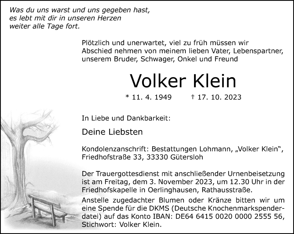  Traueranzeige für Volker Klein vom 28.10.2023 aus Neue Westfälische