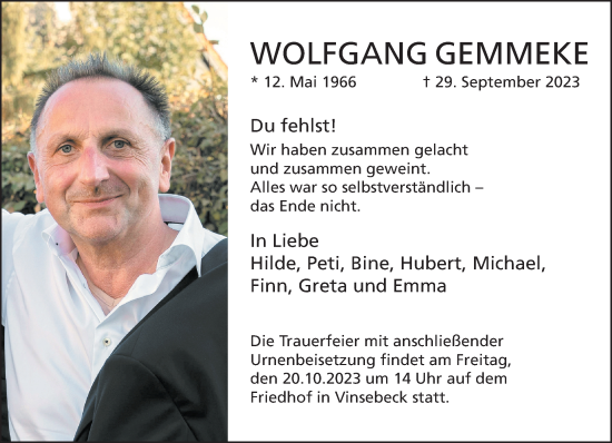 Traueranzeige von Wolfgang Gemmeke von Neue Westfälische