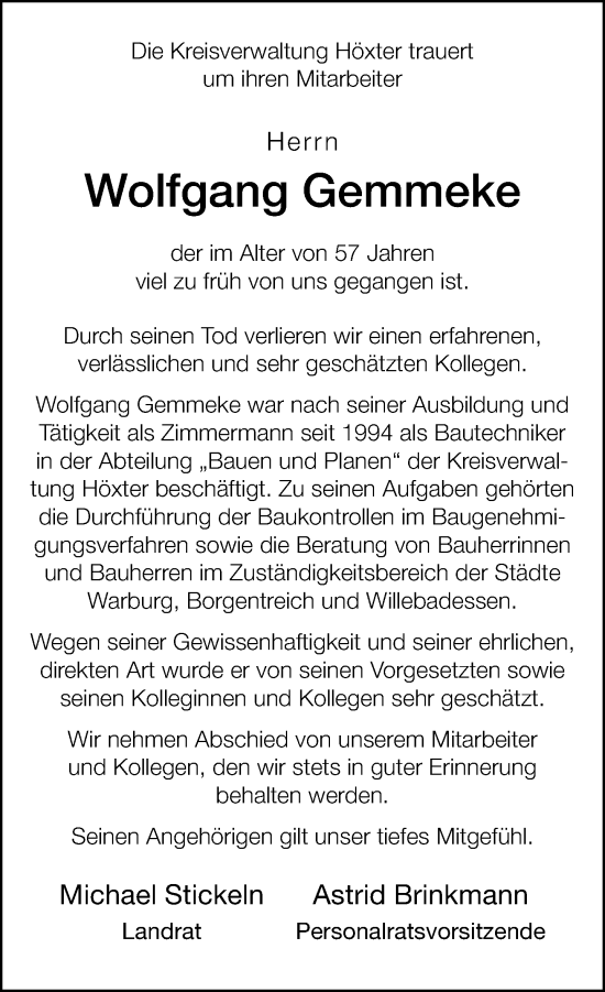 Traueranzeige von Wolfgang Gemmeke von Neue Westfälische