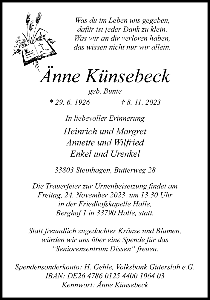  Traueranzeige für Änne Künsebeck vom 18.11.2023 aus Neue Westfälische