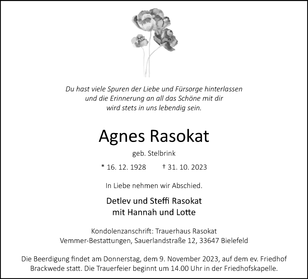  Traueranzeige für Agnes Rasokat vom 04.11.2023 aus Neue Westfälische