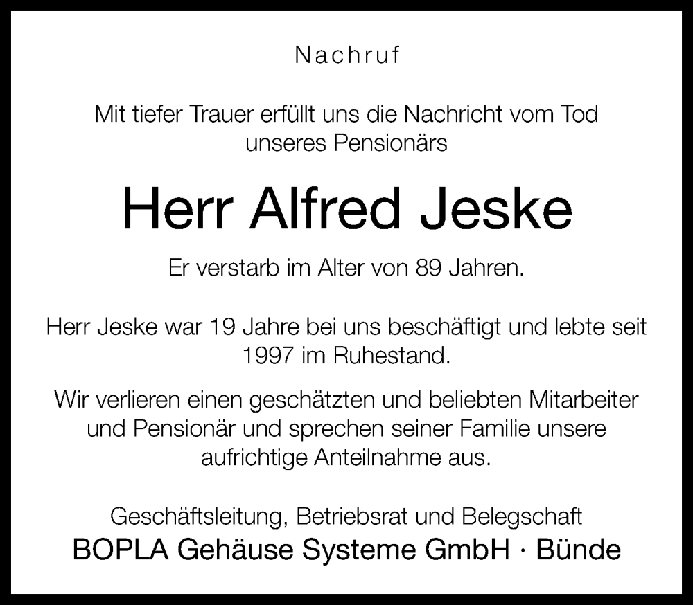  Traueranzeige für Alfred Jeske vom 15.11.2023 aus Neue Westfälische