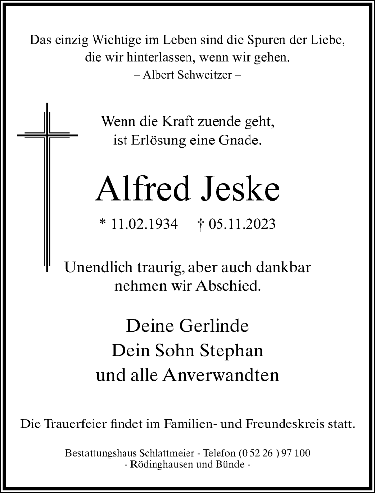  Traueranzeige für Alfred Jeske vom 11.11.2023 aus Neue Westfälische
