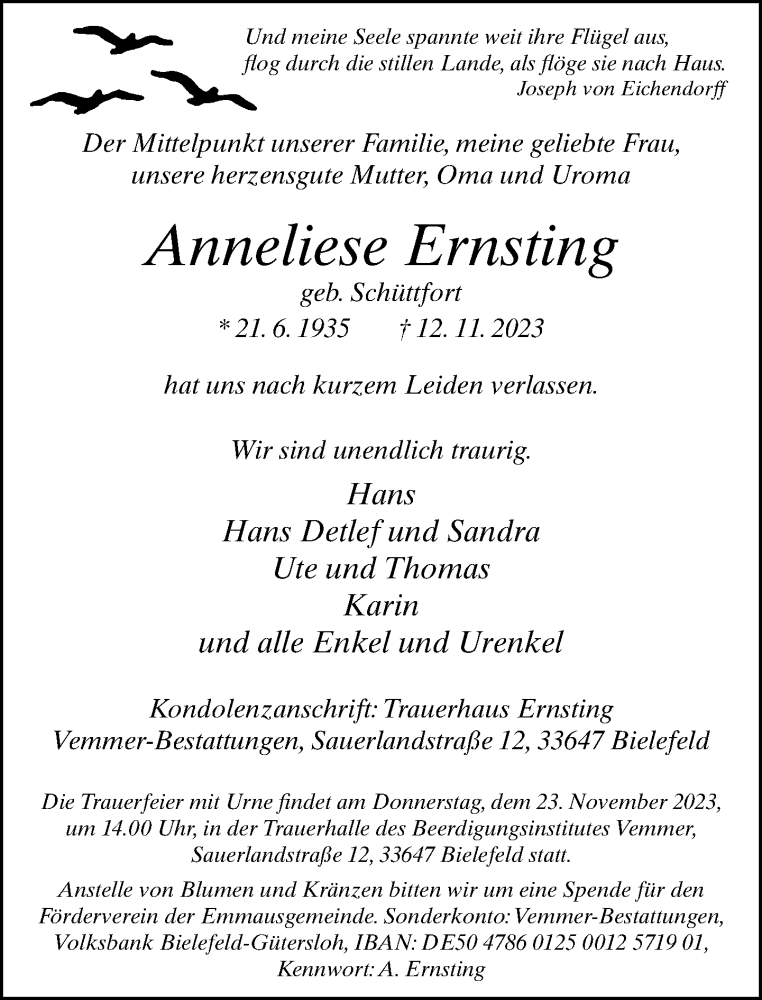  Traueranzeige für Anneliese Ernsting vom 18.11.2023 aus Neue Westfälische